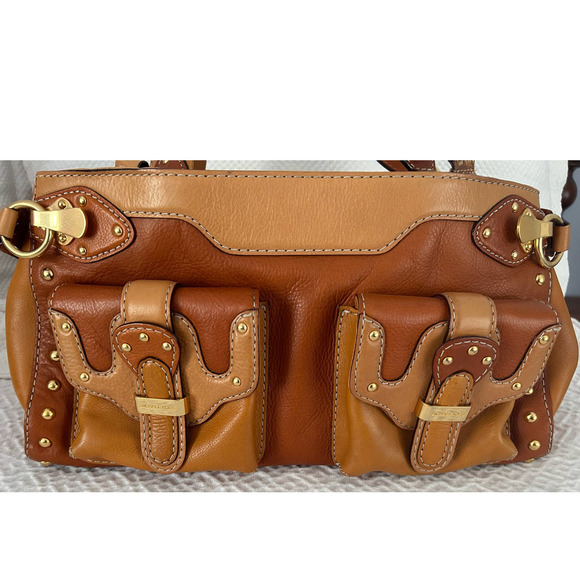 Michael Kors Two Toned Tan & Cognac Shoulder bag Studded Gold Hardware - Picture 2 of 8